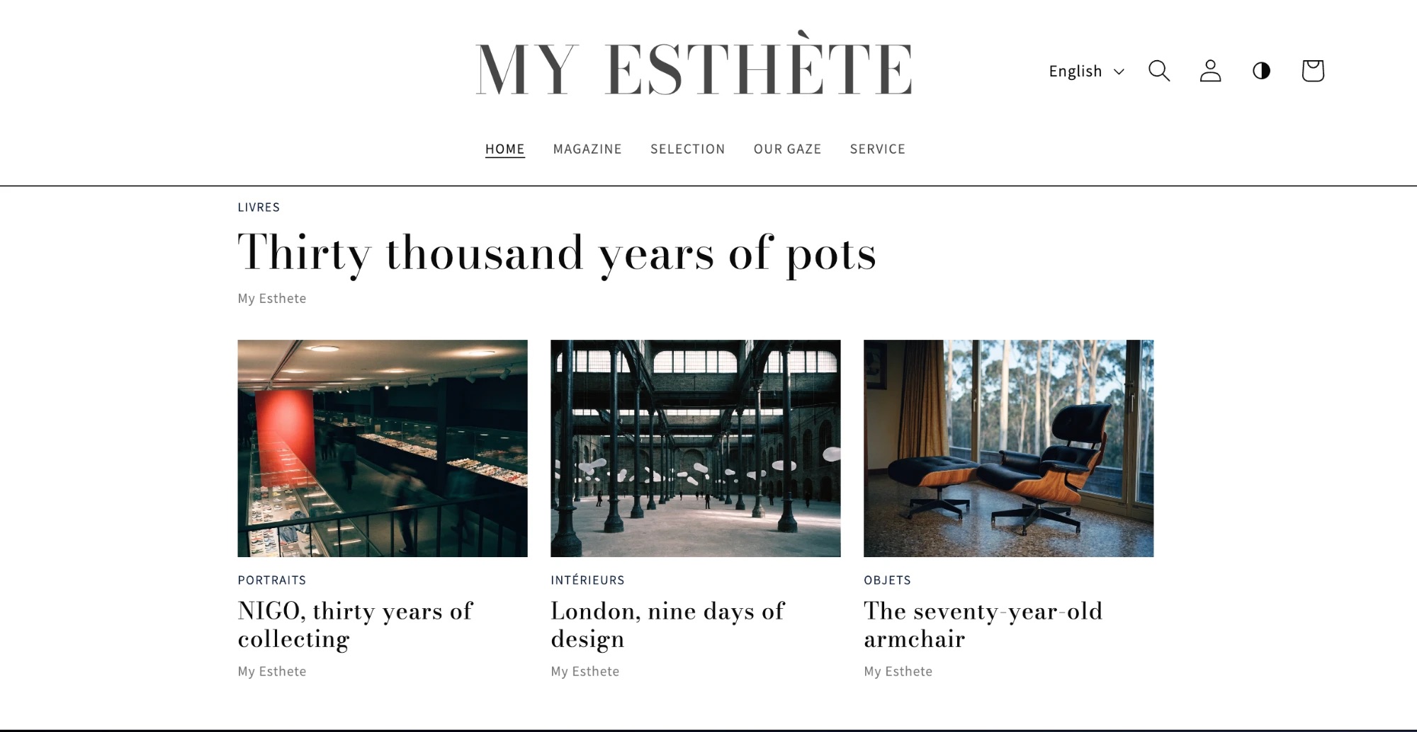 The live homepage: MY ESTHÈTE masthead, menu, and Magazine stories