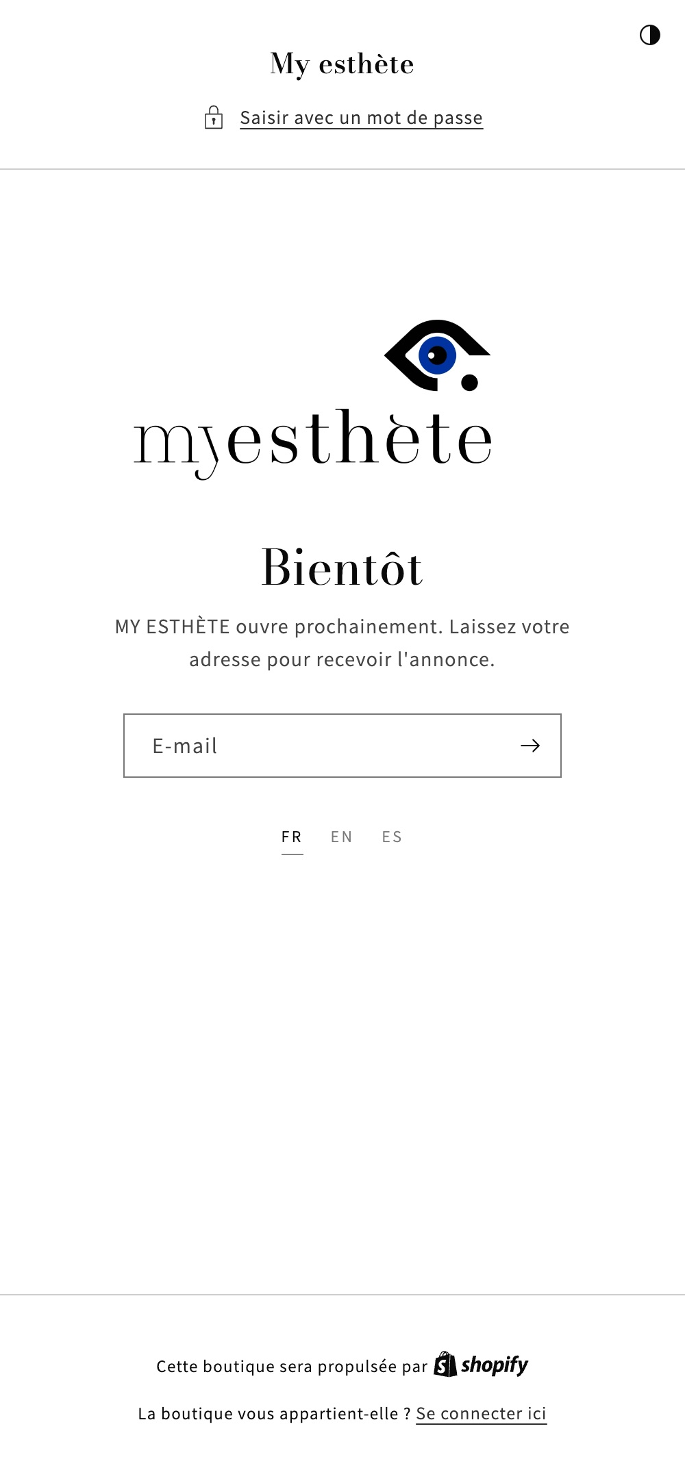 The live myesthete.com pre-launch page on a phone: logo, Bientôt, email sign-up
